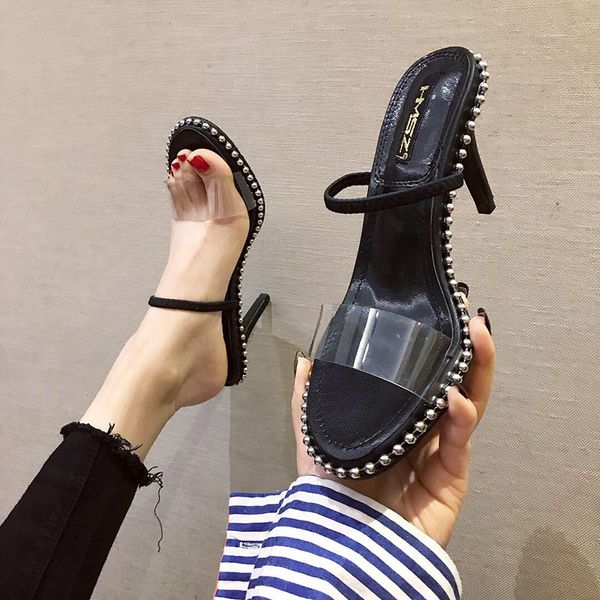 

thin heels rivet shoes woman 2020 heeled mules transparent slippers slipers women high soft new slides rome fabric rubber, Black