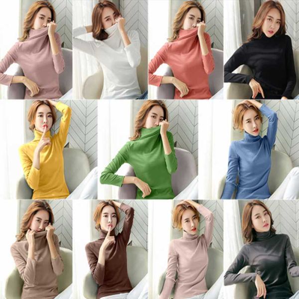 

korean fashion cotton t shirts thick winter turtleneck long sleeve basic tee solid color green black slim pullovers, White