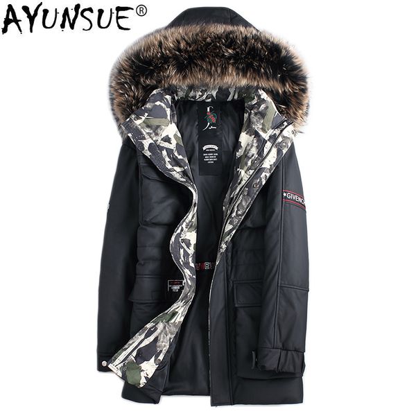 

ayunsue genuine cow leather jacket winter down jacket racoon fur collar long coat men cowhide leather ml-gf18122 kj1185, Black