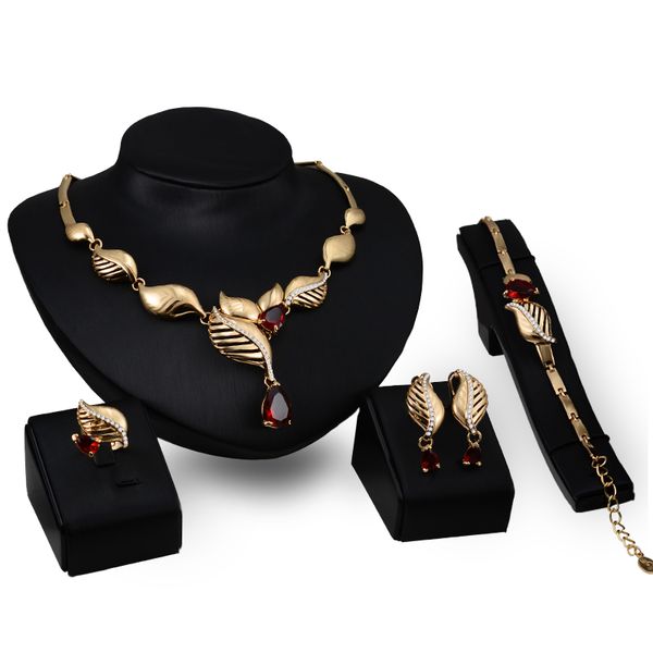 

bracelets necklaces earrings rings jewelry sets fashion luxury water drop rhinestone 18k gold plated leaves party jewelry 4-piece set js048, Slivery;golden