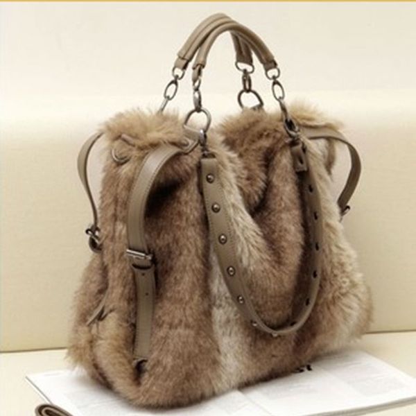 

designer- 2019 women's leather handbag fashion faux rabbit fur totes stud bags winter shoulder bag cross-body cool messenger bag rivet