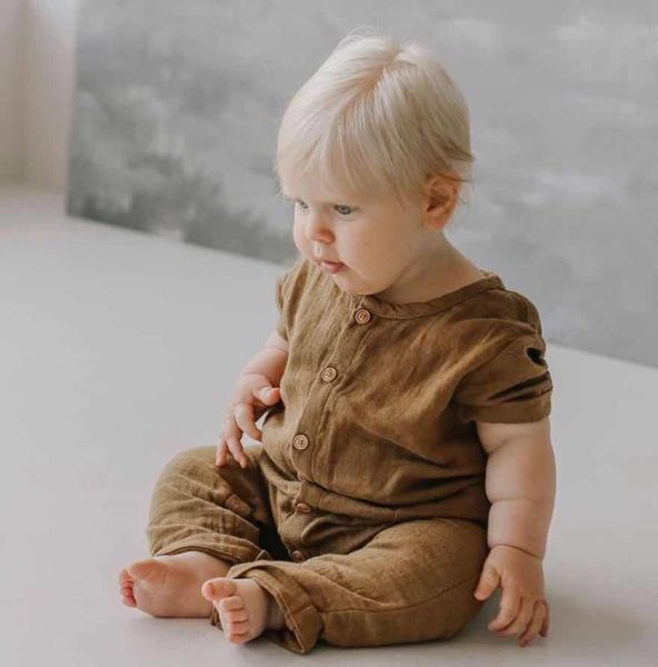 

baby short jumpsuit summer one piece romper bodysuit solid cotton linen knitted ribbed pajamas brown linen 0-12 months, Blue