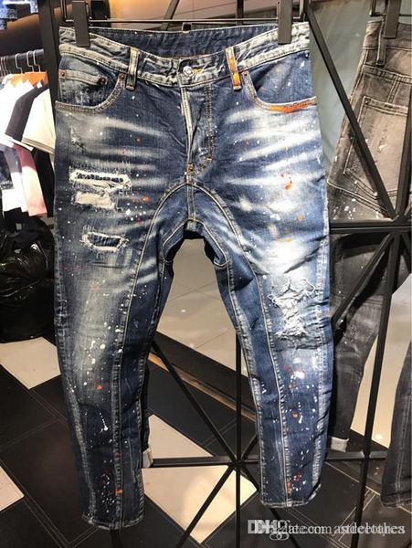 

d2 brand designer mens jeans hole patch tide fashion slim men's slim micro-elastic washed three-dimensional stitching casual tide male, Blue