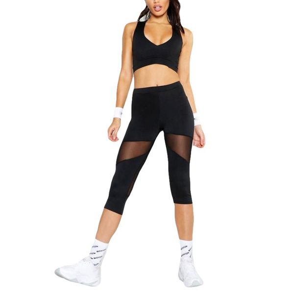 

women sport yoga leggings high waist fitness tight breathable mesh patchwolk elastic running calf-length trouser, White;red