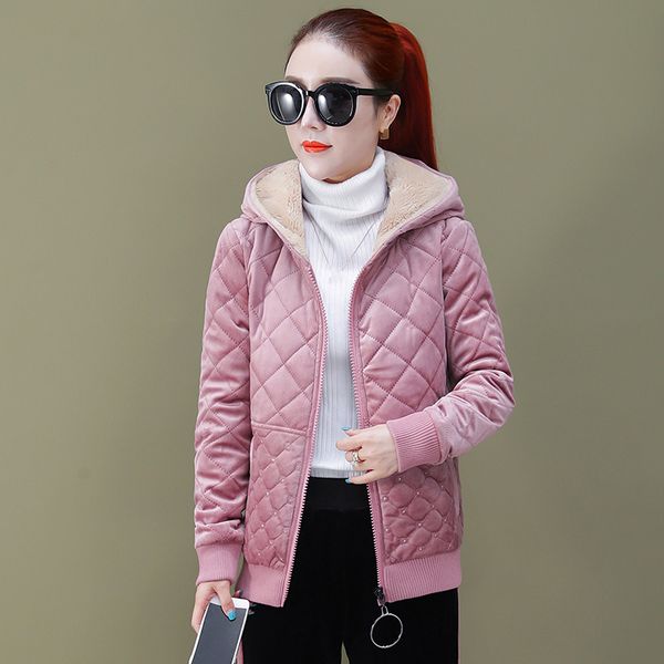 

women solid gold velvet hooded down coat 2019 new korean winter fashion splice zipper pockets thick loose short outerwear, Black