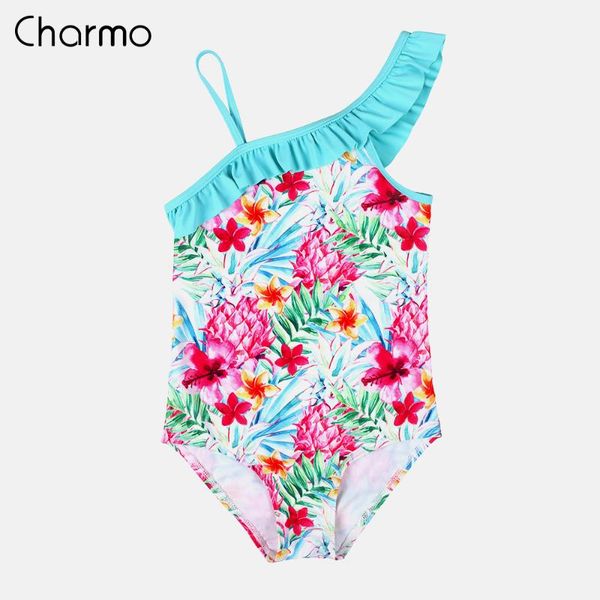 

charmo girls' one piece swimsuits flower print one shoulder swimwear kids ruffle cute bikini beach wear watermelon piece