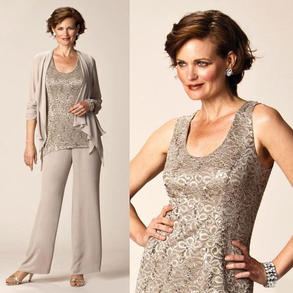 

three pieces chiffon mother of bride dresses scoop neck lace and sequins mothers of bride pant suits mother groom dresses, Black;red