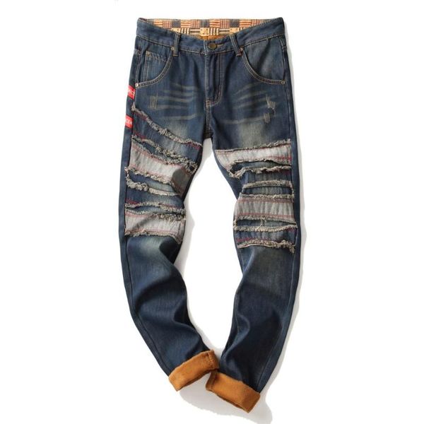 

men's jeans mjartoria winter warm ripped pants fleece lined destroyed denim trousers thick thermal distressed patchwork, Blue
