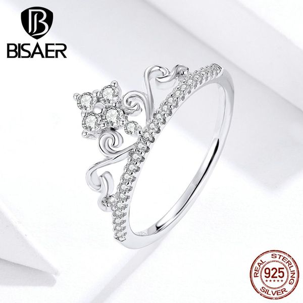 

princess rings bisaer 925 sterling silver cubic zircon princess queen crown finger rings for women wedding jewelry ecr597, Golden;silver