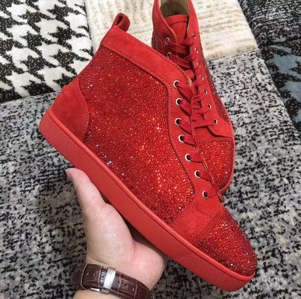 

red crystal + suede leather high sneakers shoes men's luxurious red bottom casual shoes party wedding outdoor footwear, Black