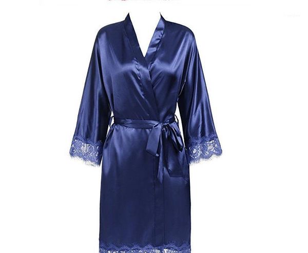 

lace panelled sleepwear summer kimono solid color bathrobe sashes trim bride bridesmaid wedding robe womens sexy, Black;red