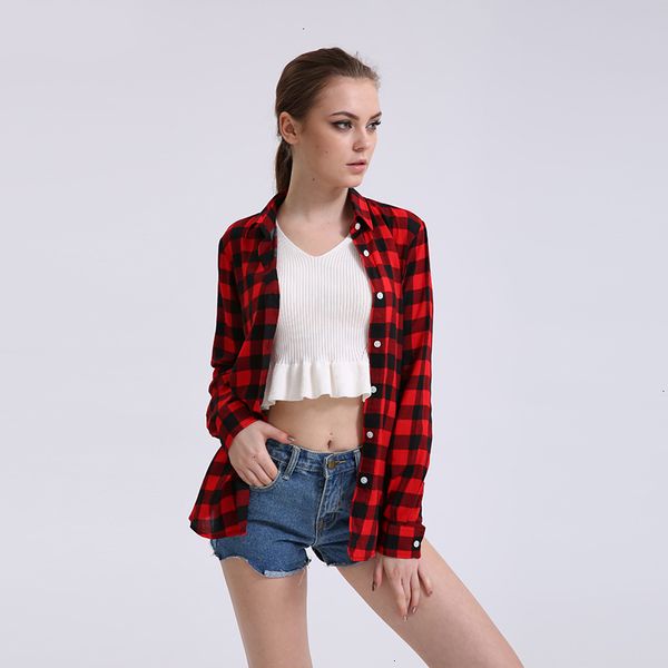 

women blouse women casual plaid women blouses red black check boyfriend style long sleeve regular loose camisa autumn plus size, White