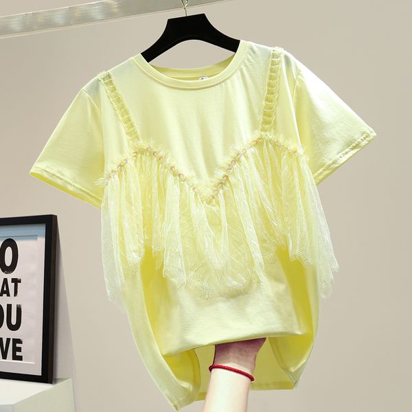 

mesh stitching t-shirt for woman 2020 summer loose t shirt fashion beaded sequin short-sleeved t-shirt ladies yellow tee, White