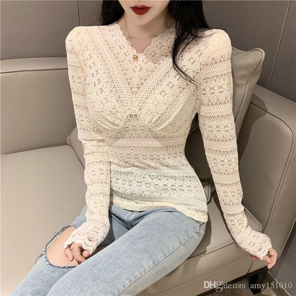 

v-neck lace base unlined upper garment female 2020 autumn winter new style slim stretch long-sleeved hollow-out fairy jacket small unlined u, White