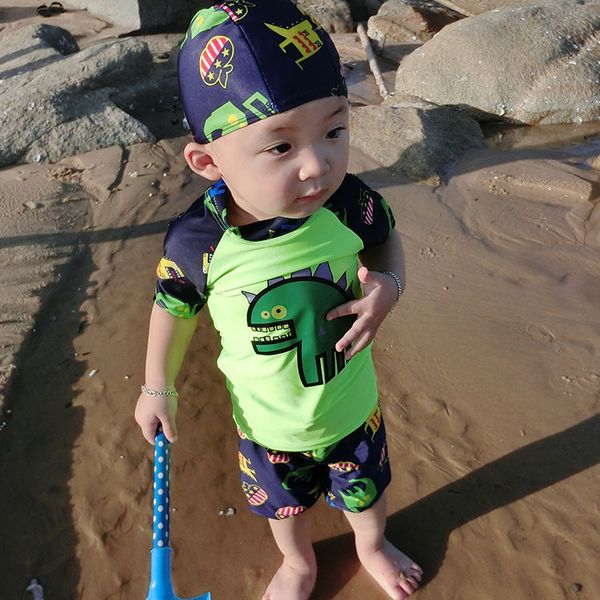 

boys swimming cap tshirt shorts cartoon 3 pieces 3 color split swimsuit children swimwears baby infant bathing suits swim suit sets cap, Blue