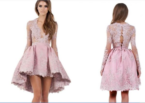 

new cocktail dresses plunging v neck illusion short homecoming dress long sleeves lace high low formal party dress prom gowns for women, Red