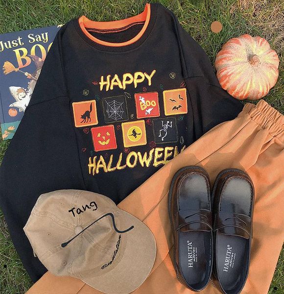 

japanese retro pumpkin color personality hoodie sweatshirt teen girls student harajuku vintag fake two-piece sweet pullover, Black
