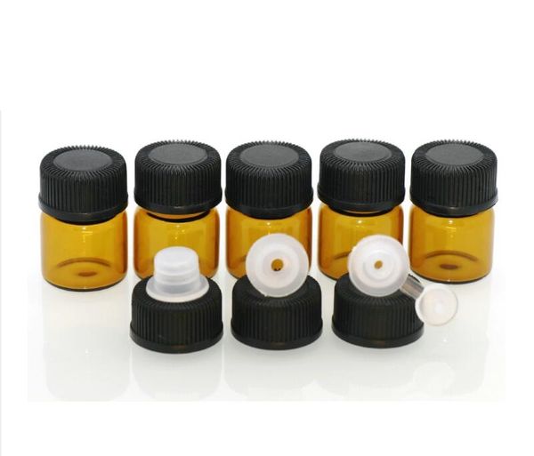 Preço de fábrica! 1 ml (1/4 dram) Âmbar Garrafa de Óleo Essencial De Vidro Frasco de amostra de tubos de perfume com Plug and caps 5400 pçs / lote