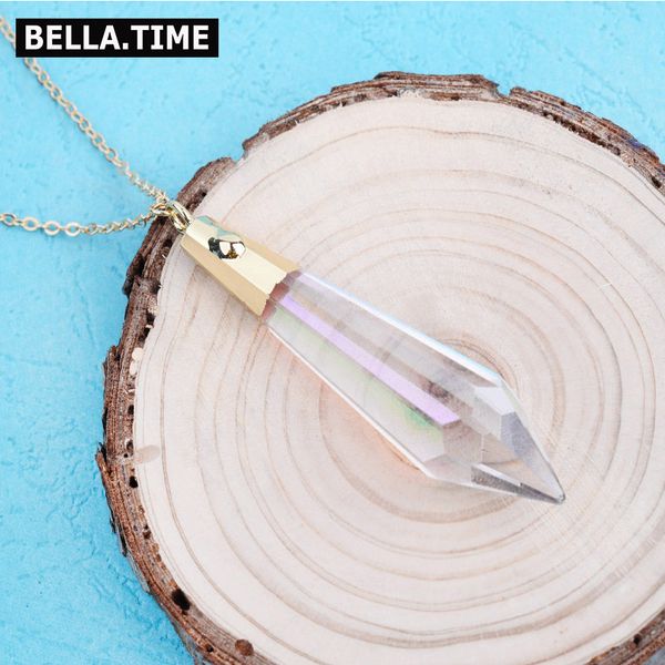 

bohemian big hexagonal crystal energy column pendant necklaces for women long gold-color copper chain necklace femme 2019 nks209, Silver