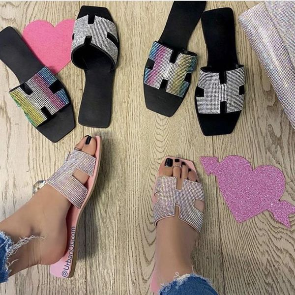 

glitter slippers women summer sandals 2020 fashion bling female candy color flip flops beach diamond flat shoes outdoor sandals, Black