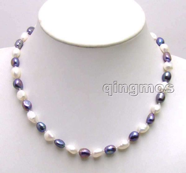 

sale big 7-9mm white and black baroque natural freshwater pearl 17" necklace -5852 wholesale/retail ing, Silver