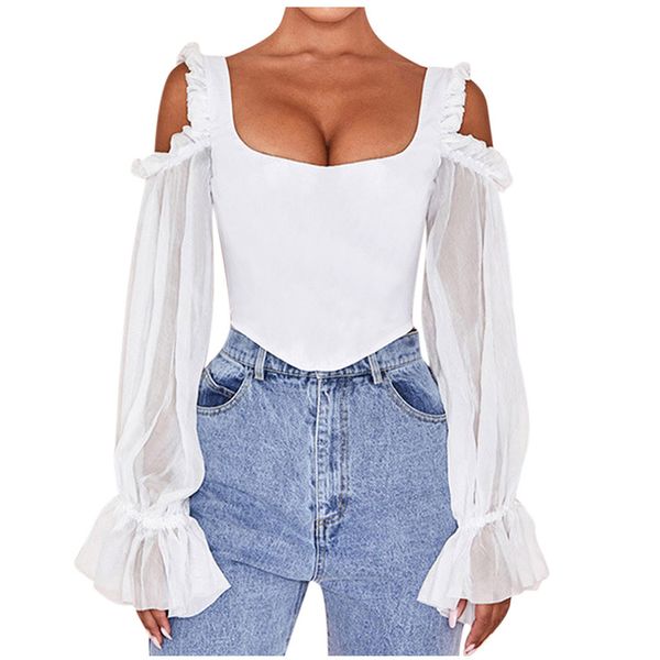 

fashion women lace mesh shirt embroidery patchwork women casual long sleeve cold shoulder blouse perspective mesh, White