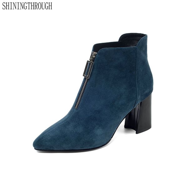 

women ankle boots suede leather high heels shoes woman poined toe party wedding autumn winter warm zipper basic boots, Black
