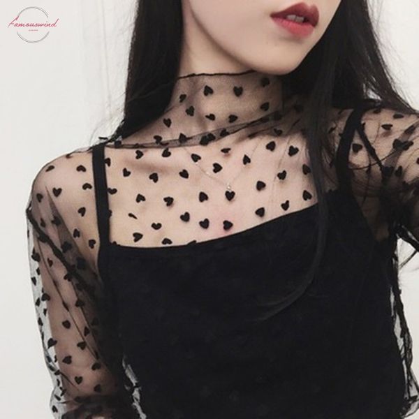 

fashion mesh women long sleeve transparent high neck black lace bottoming shirts punk chic t shirt women, White