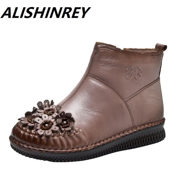 

alishinrey snow boots woman 2020 winter women ankle boots fashion flower zip flat booties keep warm ladies shoes botas mujer, Black