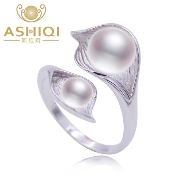 

ashiqi natural pearl 925 sterling silver double pearl ring jewelry 7-8mm freshwater white pink purple black, Golden;silver