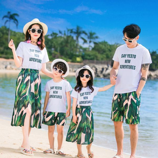 

mother father son daughter baby matching clothes sumemr beach family clothing mum mom and daughter dress leaves print clothes, Blue