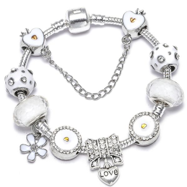 

sonykifa silver chain charm bracelets bangles with white flower pendant fits fine bracelet for women lover gift, Golden;silver
