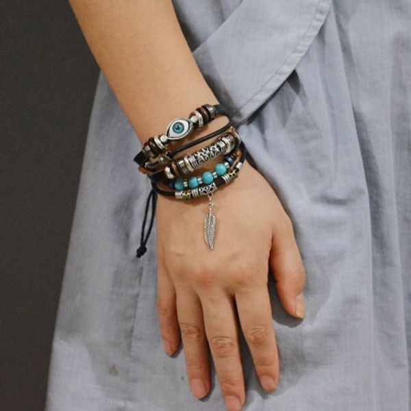 

punk design turkish eye bracelets for men woman new wristband female owl leather bracelet stone vintage jewelry bb229, Golden;silver