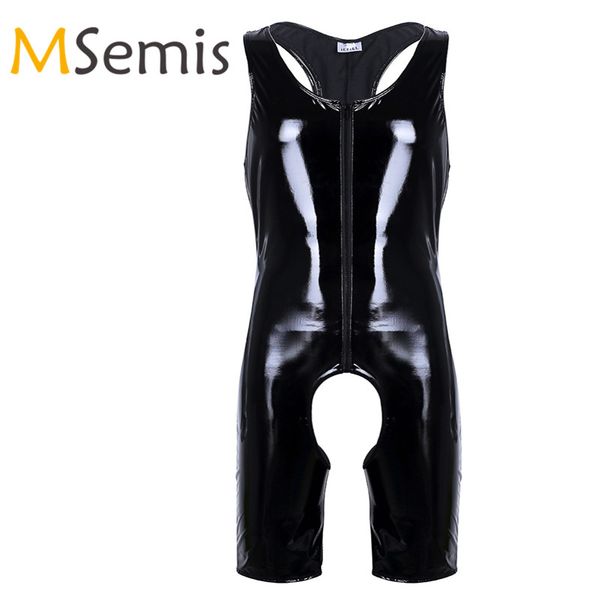 

men crotchless singlet swimsuit leotard wetlook patent leather lingerie one-piece swimwear sleeveless front zipper bodysuit