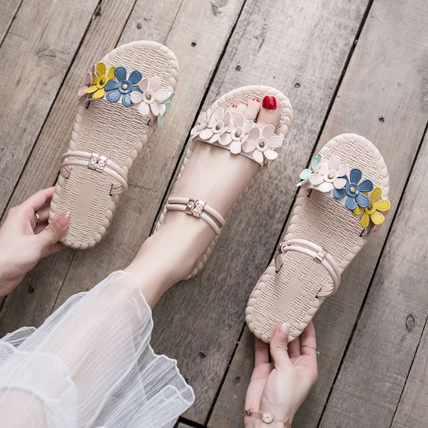 

2020 sandals ladies shoes summer strappy heels all-match suit female beige two weare women's woman flat fashion bohemian, Black