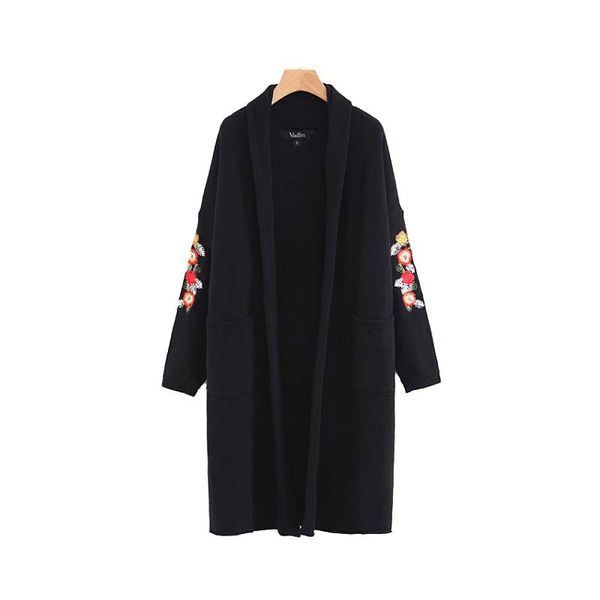 

women floral embroidery flower knitted long cardigans warm pockets long sleeve loose sweaters ladies casual chic, White;black