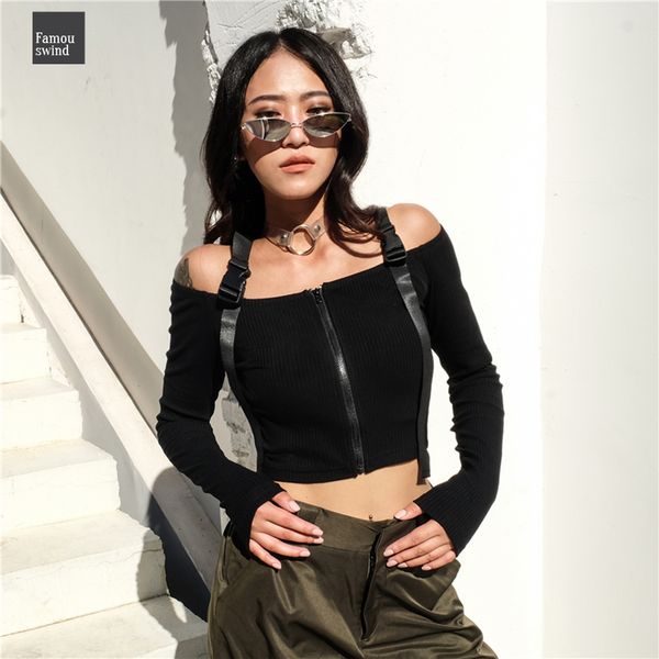 

tshirt punk long sleeve slash neck shirts women casual off shoulder crop t shirt harajuku patchwork strap streetwear tees, White