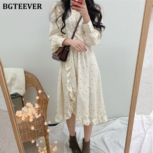

casual dresses bgteever vintage stand collar dot print women dress irregular ruffles full sleeve female 2021 summer chiffon vestidos, Black;gray