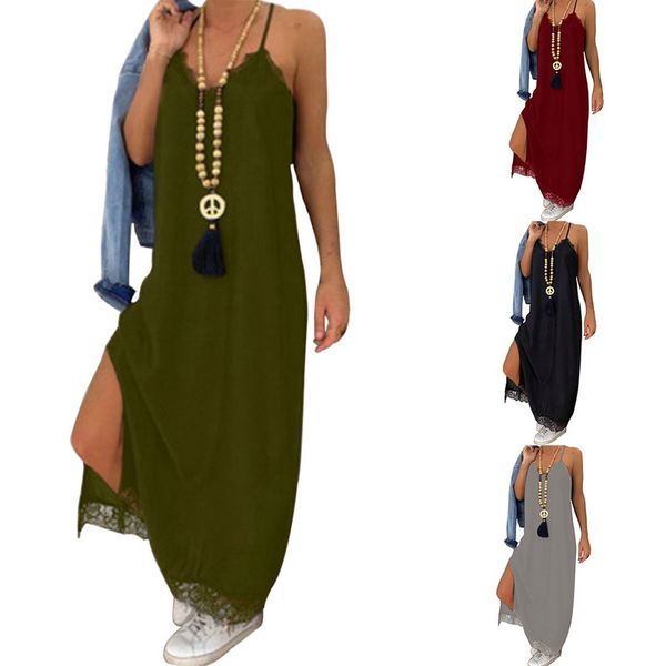 

summer long beach dresses 2019 new fashion women's v-neck dress casual loose spaghetti strap solid color split dress 3xl, Black;gray