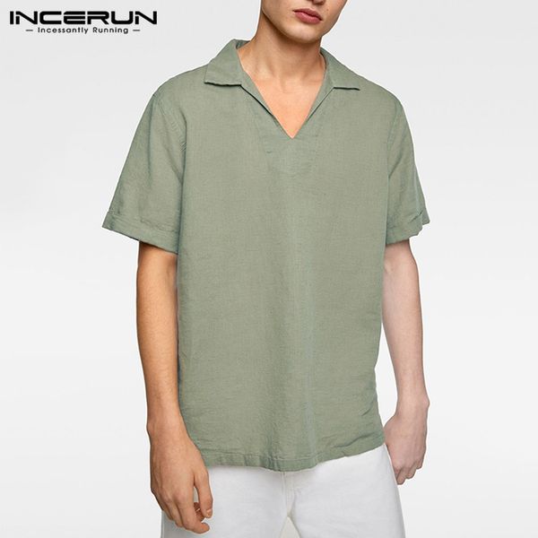 

incerun solid color casual shirt men lapel loose short sleeve street cotton breathable summer brand camisa shirts men 2020, White;black
