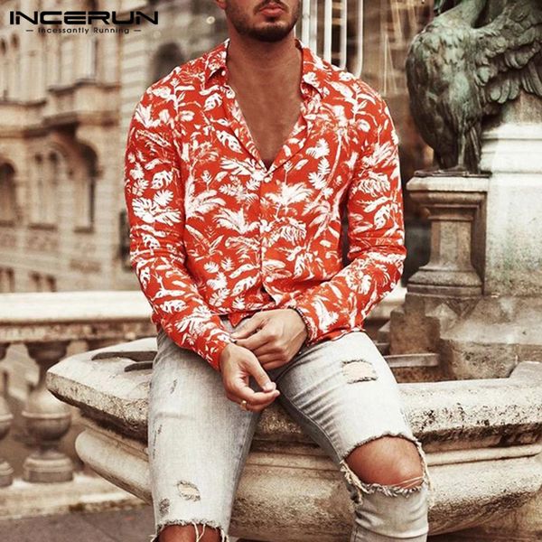 

incerun autumn men tree print long sleeve casual lapel shirt vacation beach tropical hawaiian fashion street button mens blouse, White;black