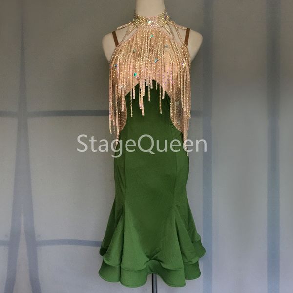 

customed green latin dance dress women competition performance costume fringed skirt rhinestones latin dancewear for girls, Black;red