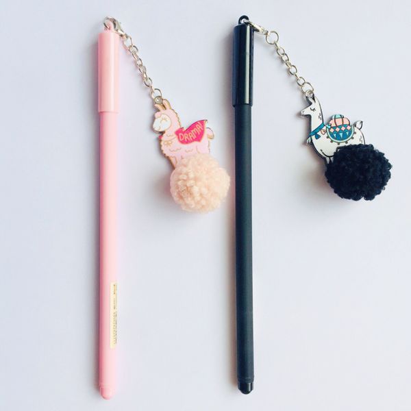 

1pc cute alpaca & pig hairball metal pendant gel pen rollerball pen school office supply stationery 0.5mm black ink