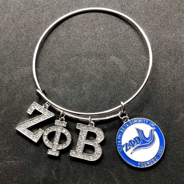 

personalized rhinestone inlay greek letter zeta phi beta metal pendant bracelet sorority society zpb symbol jewelry wire bangle, Black