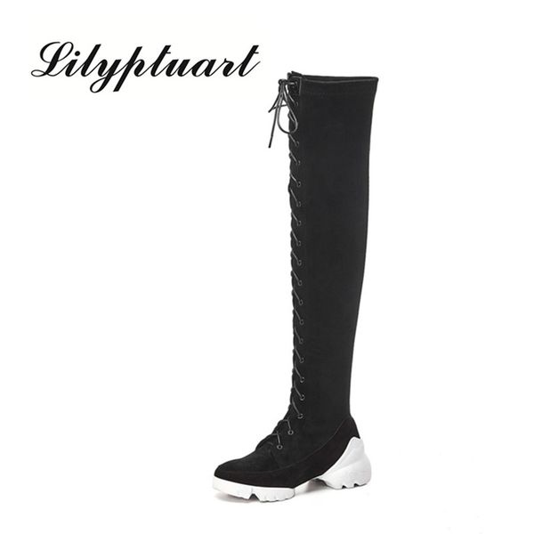 

2019 autumn new front strap design muffin bottom boots cowhide fabric rubber soles skinny legs stretch boots women's shoes, Black