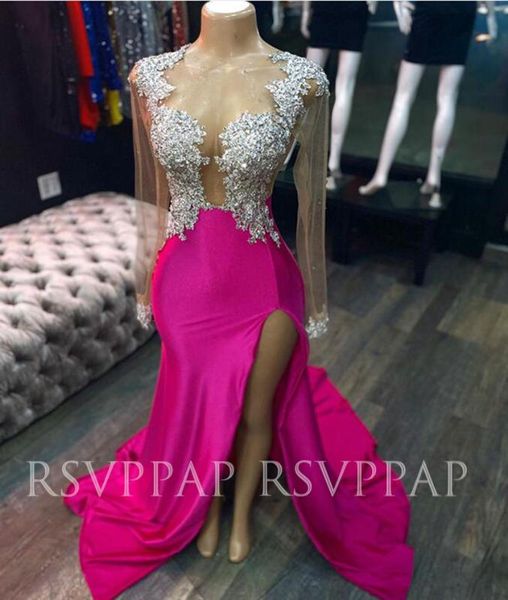 

long mermaid prom dresses 2020 see through beaded appliques high slit long sleeve fuchsia african girl prom gowns, White;black