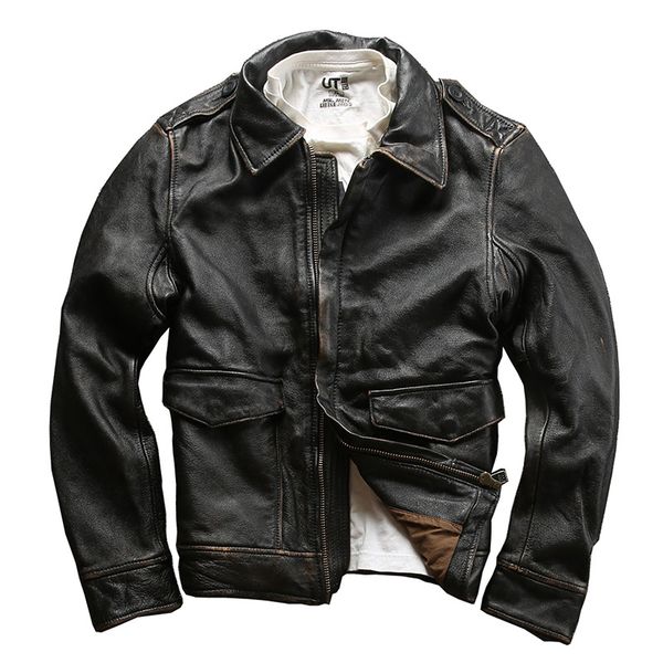

2020 vintage brown men leather jacket plus size xxxxl genuine cowhide autumn slim fit pilot leather coat, Black