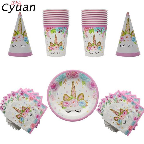 

cyuan birthday party disposable tableware set unicorn party paper plate cup napkin hat tablecloth kids happy birthday supplies