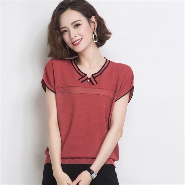 

ice silk knitted sweater short-sleeved t-shirt women's mother's summer clothes 2020 women's thin short, White
