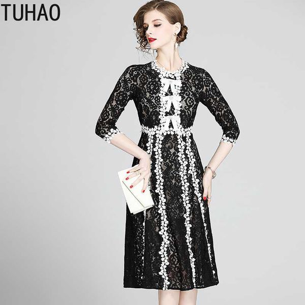 

tuhao lace dresses for women luxury black runway dress elegant vestidos 2020 summer lace patchwork long dress wm83, Black;gray